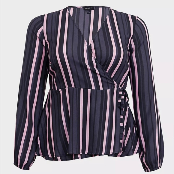 Torrid Striped Crepe Cropped Wrap Blouse - Purple - Medium‎ (00) - Picture 1 of 9